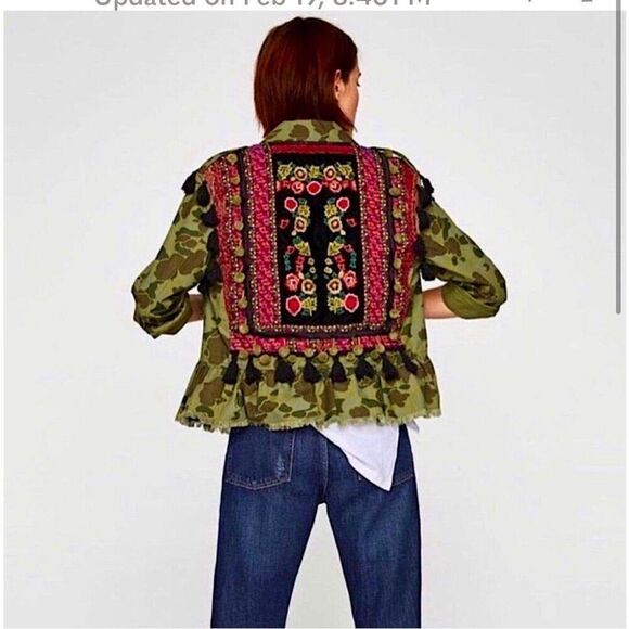 Zara‎ Womens Camo Embroidered Pompom Tassel Frayed Hem Peplum Jacket Green XS - Picture 1 of 10